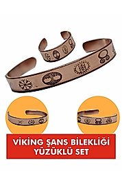 %100 Saf Bakır Viking Şans Bileklik Yüzük Set Unisex