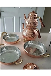 El İşlemeli Bakır Çaydanlık & (3) Lu Bakır Tava Komple Set ,hediye