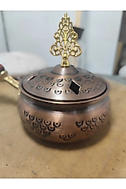 Bakır Lüx Tütsülük Cadı Kazanı Kulplu Buhurdanlık Sosluk Desenli Gümüş-oksit Bakır-bakır