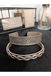 %100 Saf Bakır Bileklik Motifli Burgulu Set-Gümüş Kaplamalı Enli
