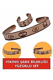 %100 Saf Bakır Viking Şans Bileklik Yüzük Set Unisex