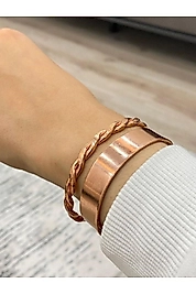 2 Li Set Saf Bakır Bileklik -burgu Ve Düz