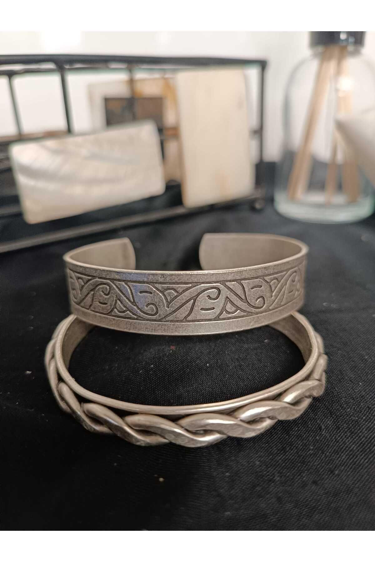 %100 Saf Bakır Bileklik Motifli Burgulu Set-Gümüş Kaplamalı Enli