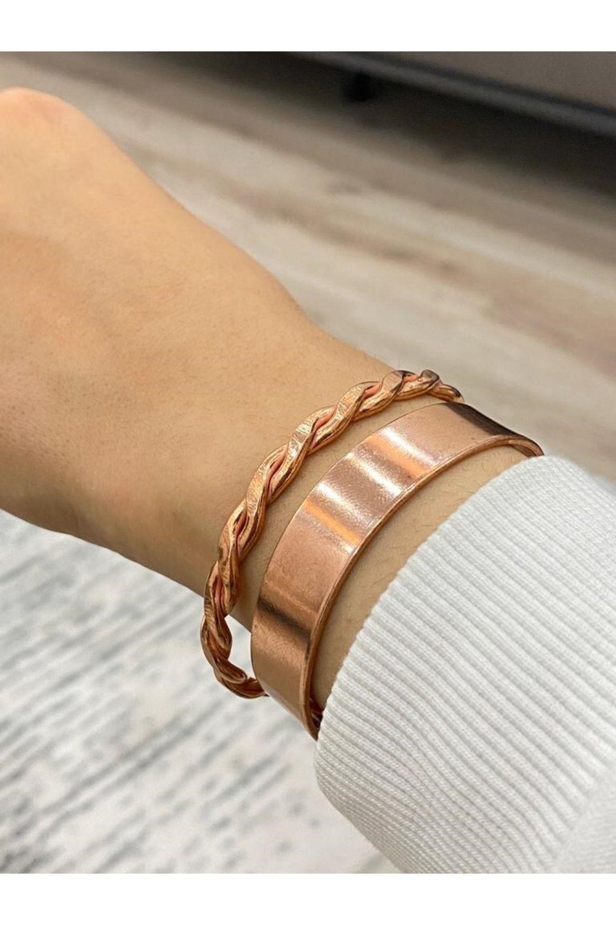 2 Li Set Saf Bakır Bileklik -burgu Ve Düz