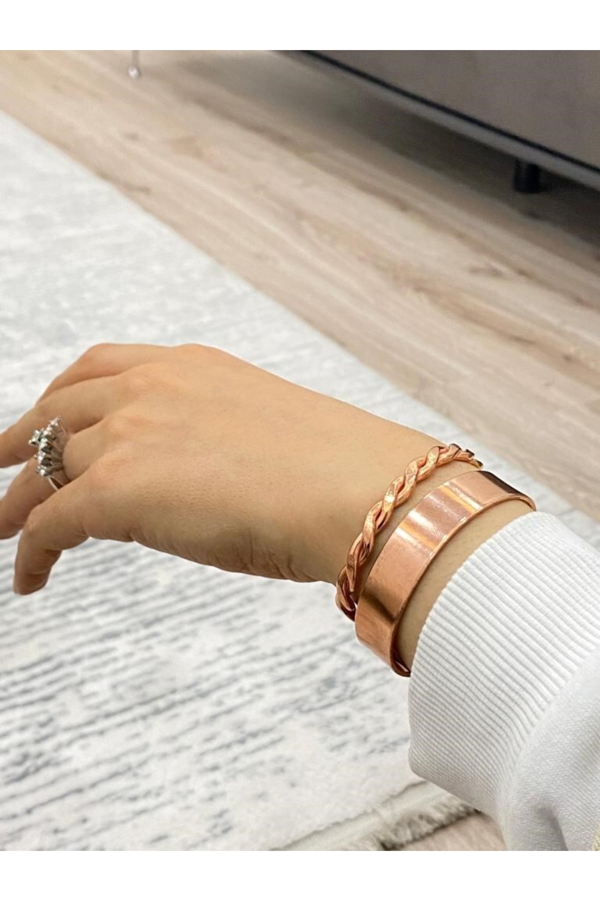 2 Li Set Saf Bakır Bileklik -burgu Ve Düz