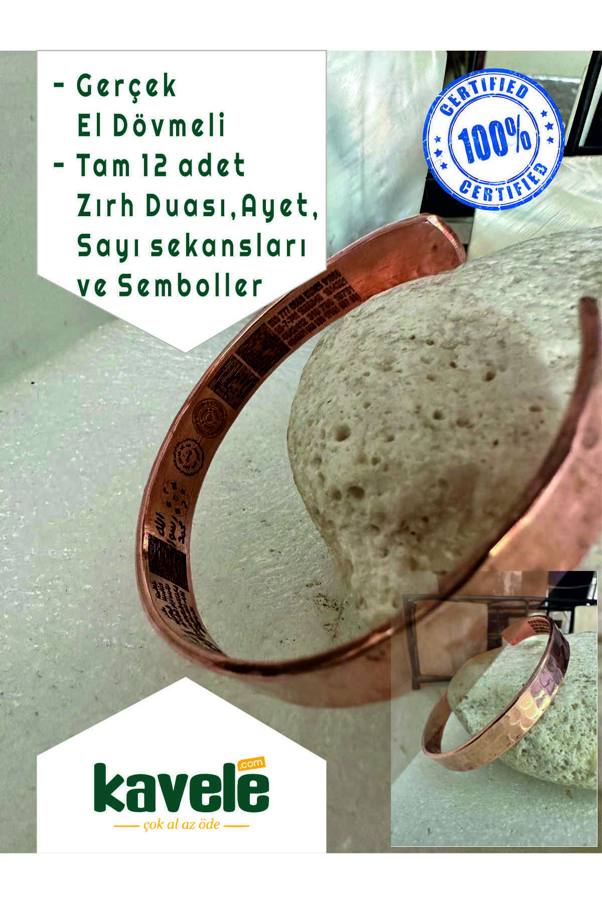 Ham Saf Bakır Full Koruma Zırhlı El Dövmeli Bileklik 17 Cm 35-40gr