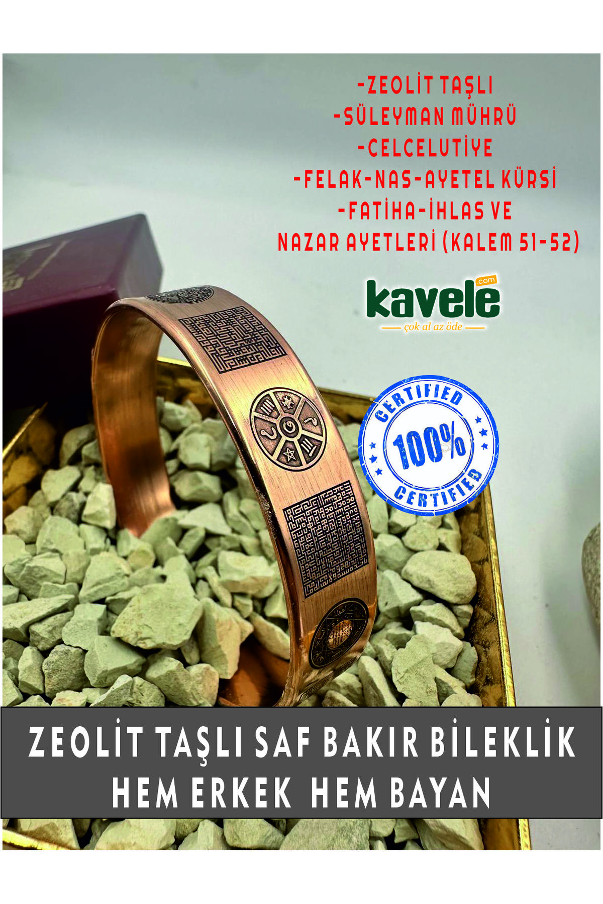 Ham Saf Bakır Full Koruma Zırhlı Kufi Özel Zeolit Kumlu Bileklik 17 Cm 35-40gr