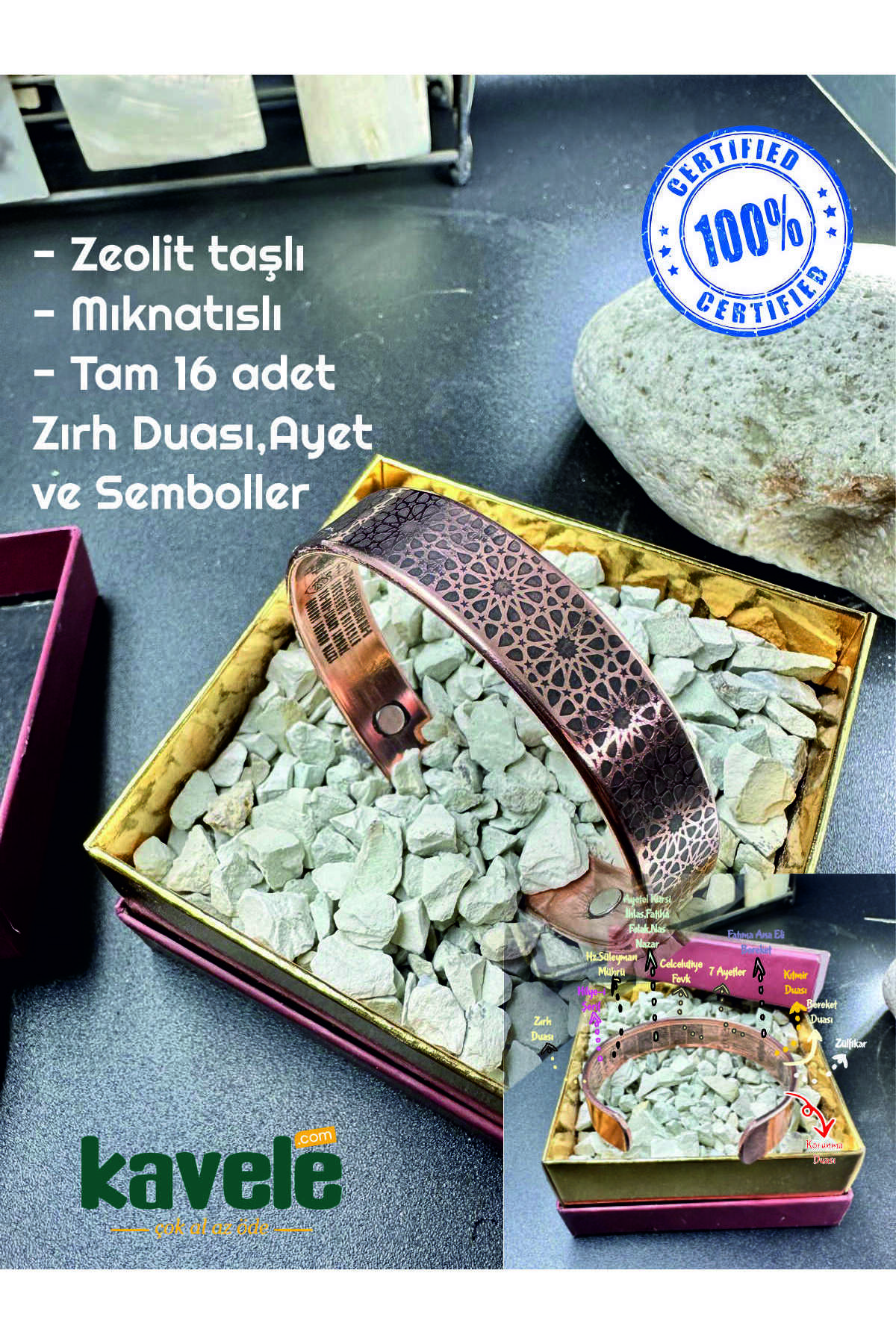 Ham Manyetik Mıknatıslı Zırh Koruma Saf Bakır 40 gr Bileklik -zeolit Kumlu