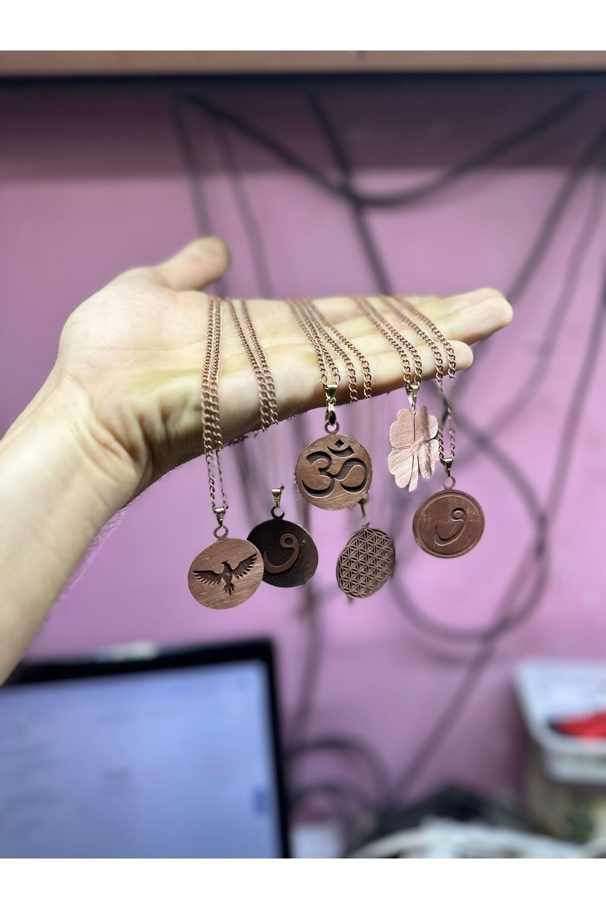 Saf Bakır İşlemeli Kolye İsteğe Bağlı