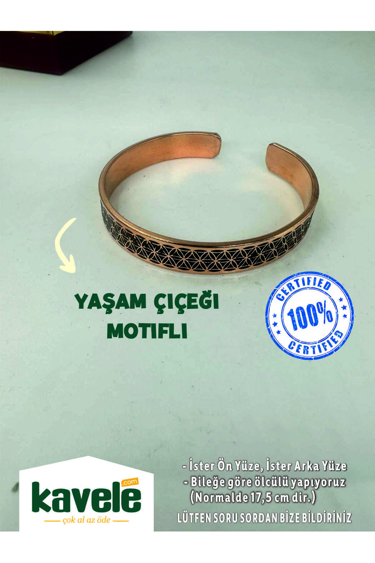 Ham Saf Bakır Ayetel Kürsi Zeolit Kumlu Bakır Bileklik