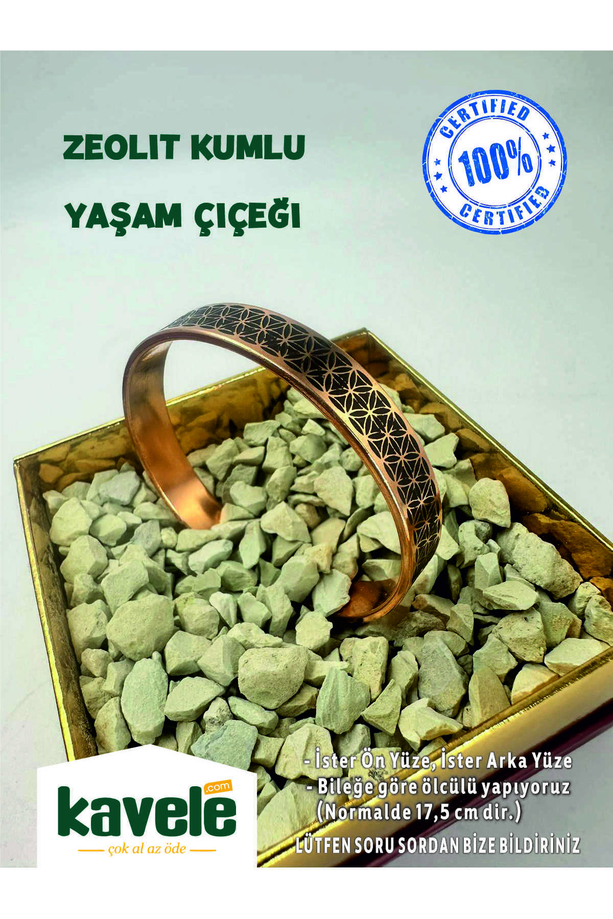 Ham Saf Bakır Yaşam Çiçekli Zeolit Kumlu Bakır Bileklik