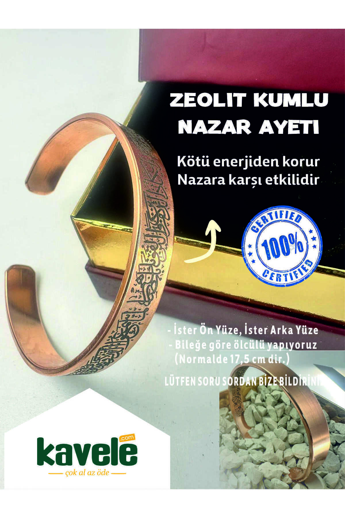 Ham Saf Bakır Nazar Ayetli (KALEM 51-52) Zeolit Kumlu Bakır Bileklik