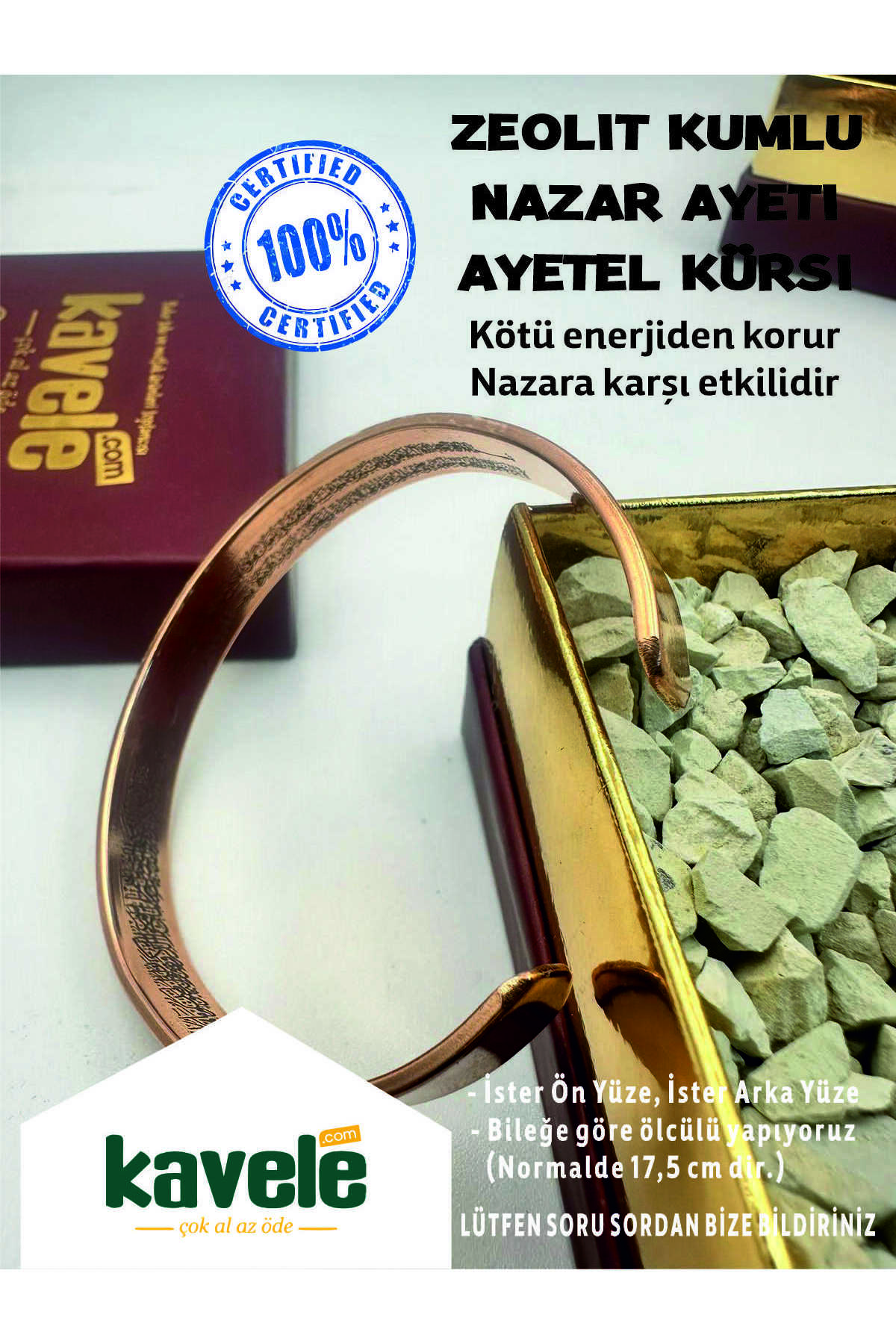 Ham Saf Bakır Nazar ve Ayetel Kürsili Zeolit Kumlu Bakır Bileklik