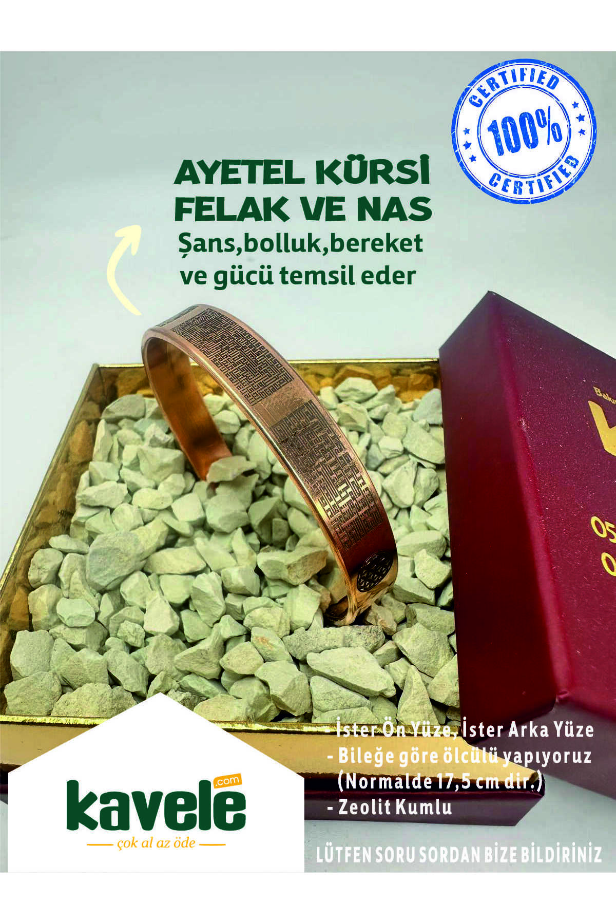 Ham Saf Bakır Kufi Felak ,nas Ve Ayetel Kürsi Zeolit Kumlu Bakır Bileklik