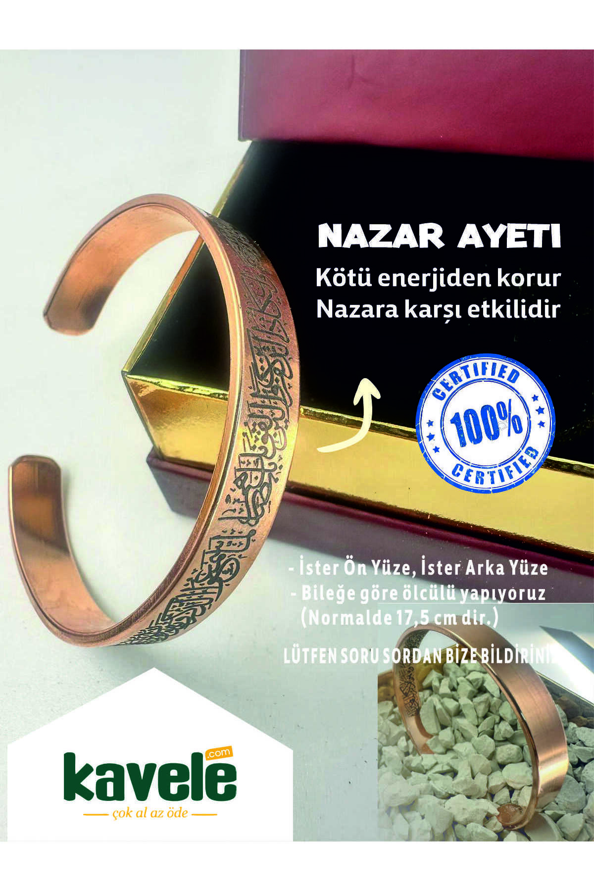 Ham Saf Bakır Nazar Ayetli (KALEM 51-52) Bakır Bileklik-hediyelik Kutuda