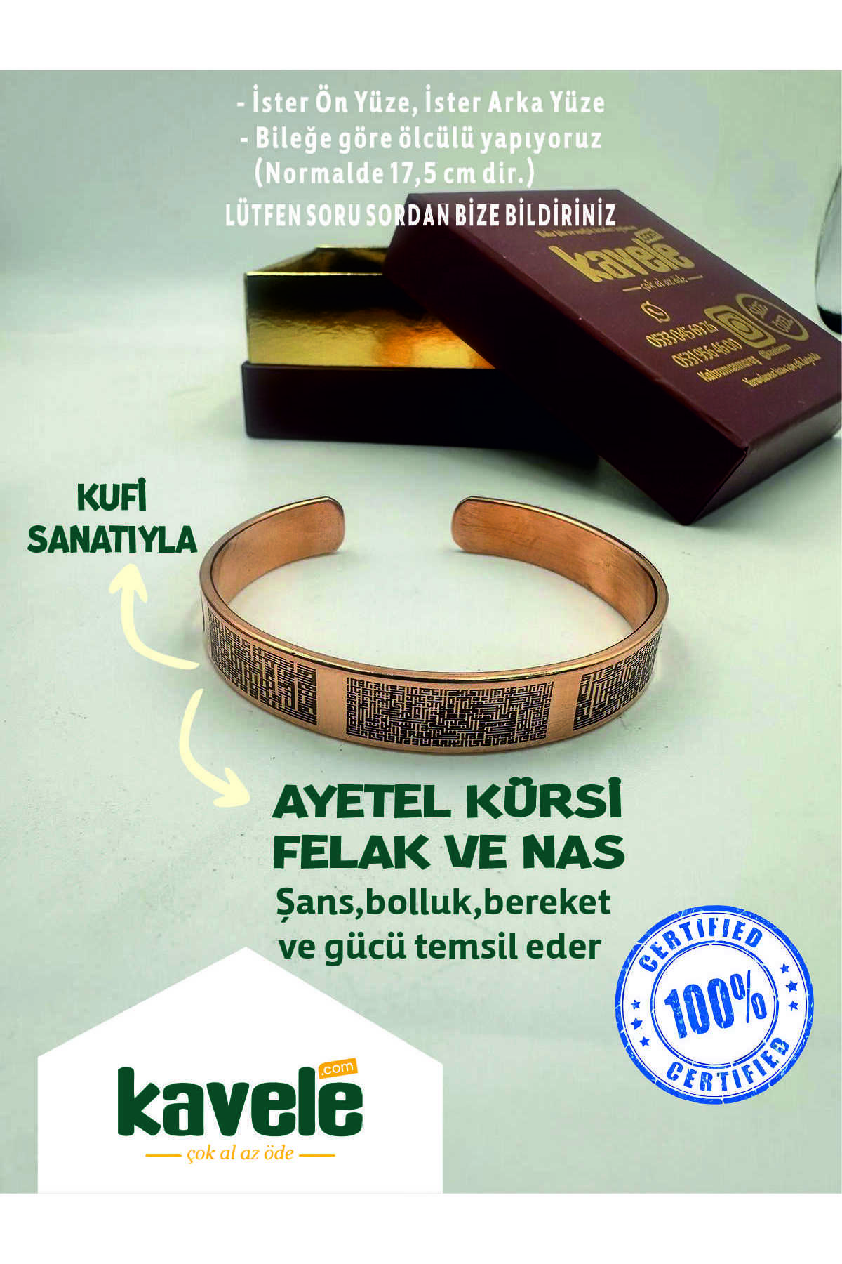 Ham Saf Bakır Kufi Felak ,nas Ve Ayetel Kürsi Bakır Bileklik-hediyelik Kutuda