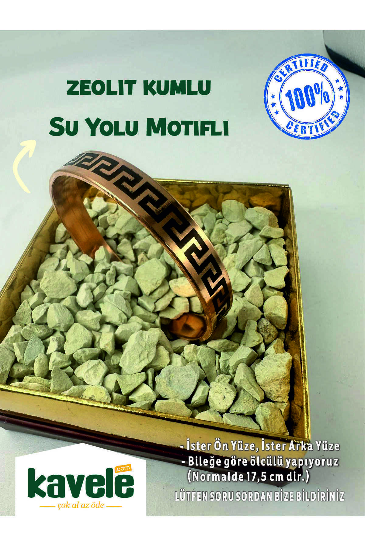 Ham Saf Bakır Versage Suyolu Motifli Zeolit Kumlu Bakır Bileklik-hediyelik Kutuda