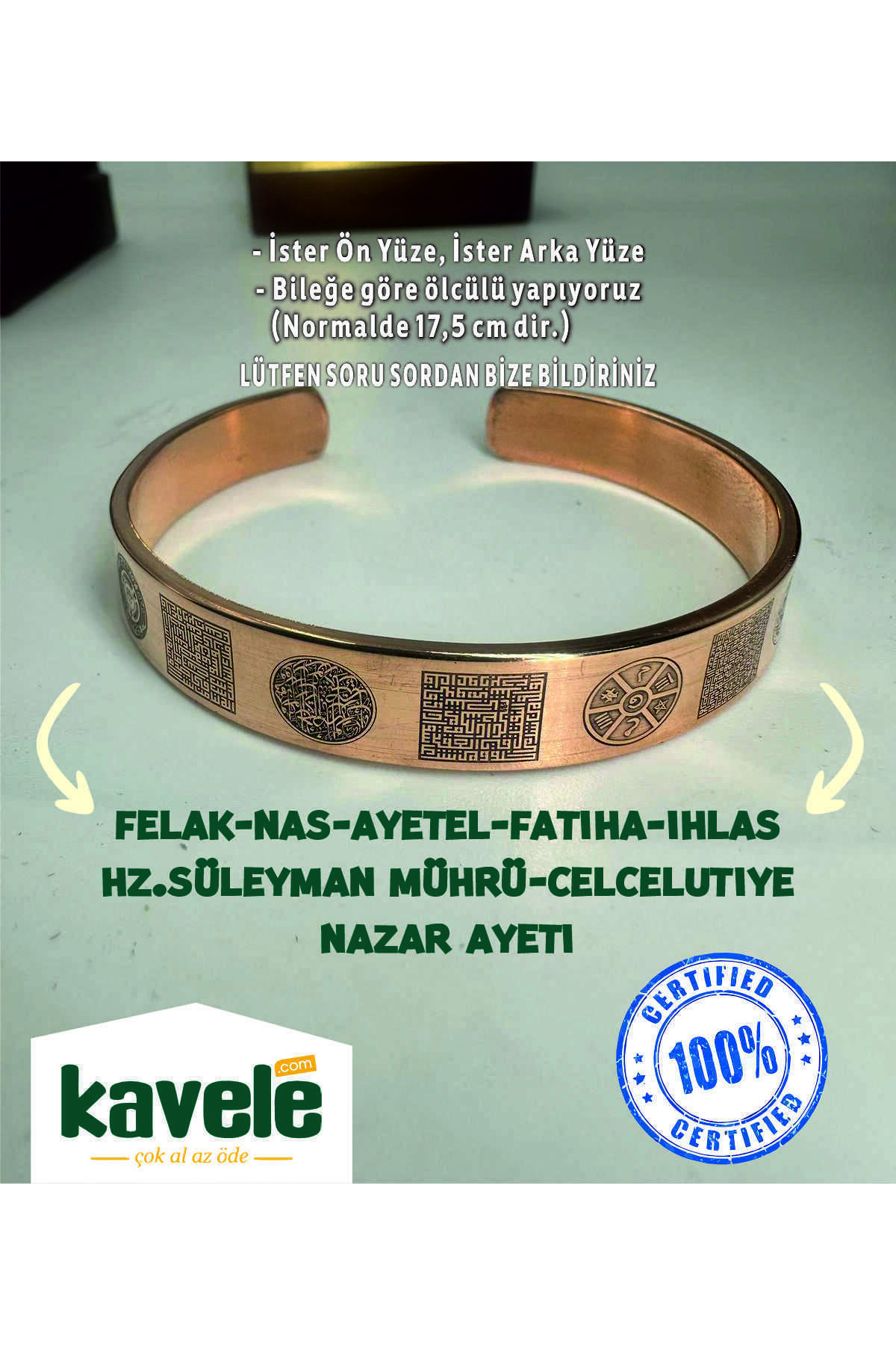 Ham Saf Bakır Felak,nas,ayetel Kürsi,süleyman Mührü, Ayetli Dualı Bakır Bileklik-Hediyelik Kutuda