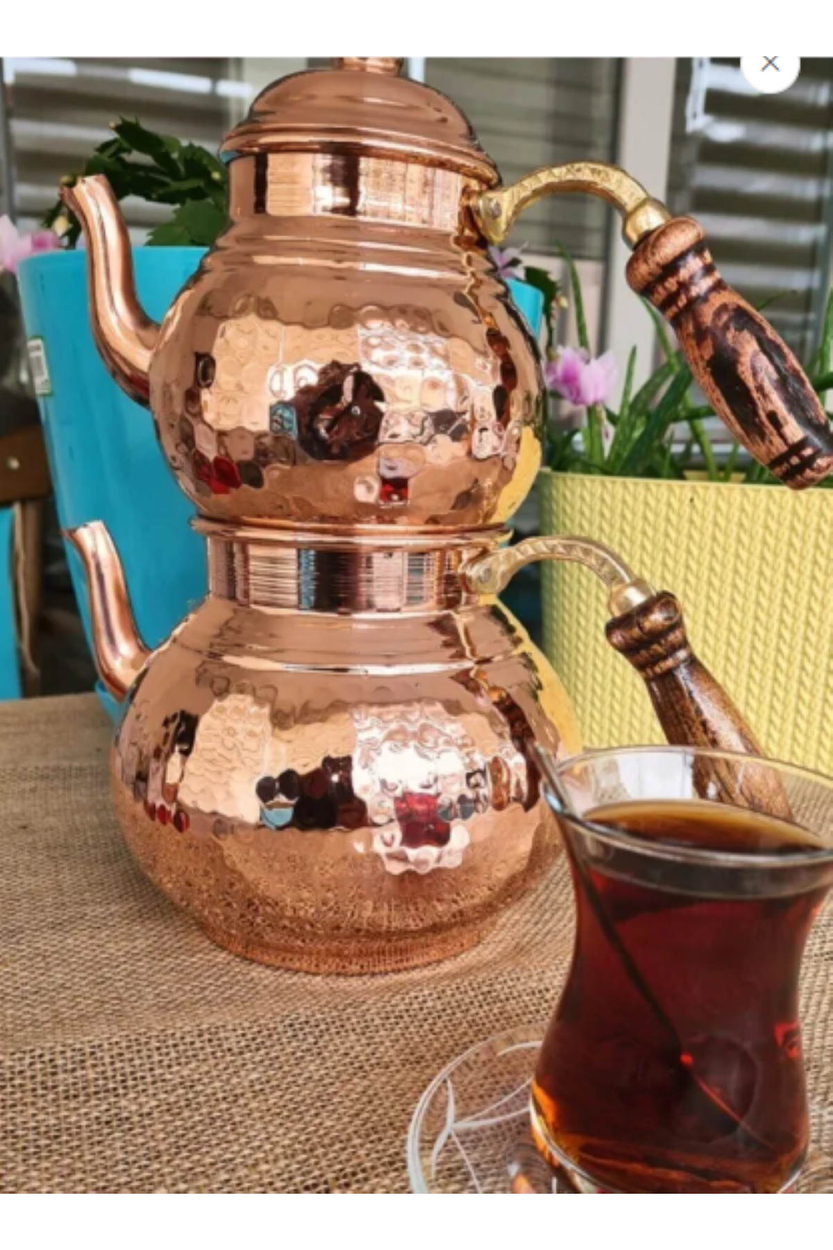 Bakır Ahşap Kulplu Döğme Orta Boy Çaydanlık Çay Demlik