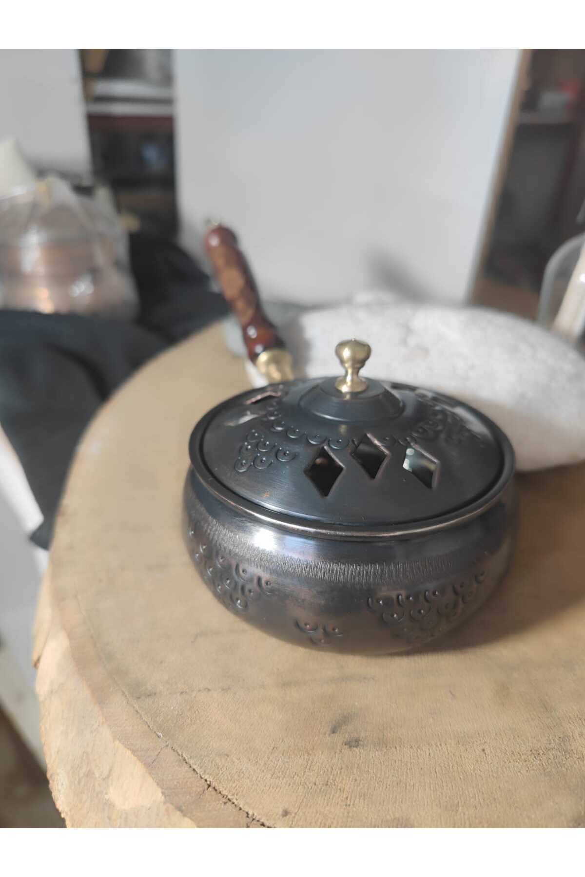 Bakır Lüx Tütsülük Cadı Kazanı Kulplu Buhurdanlık Sosluk Desenli Gümüş-Oksit Bakır-Bakır