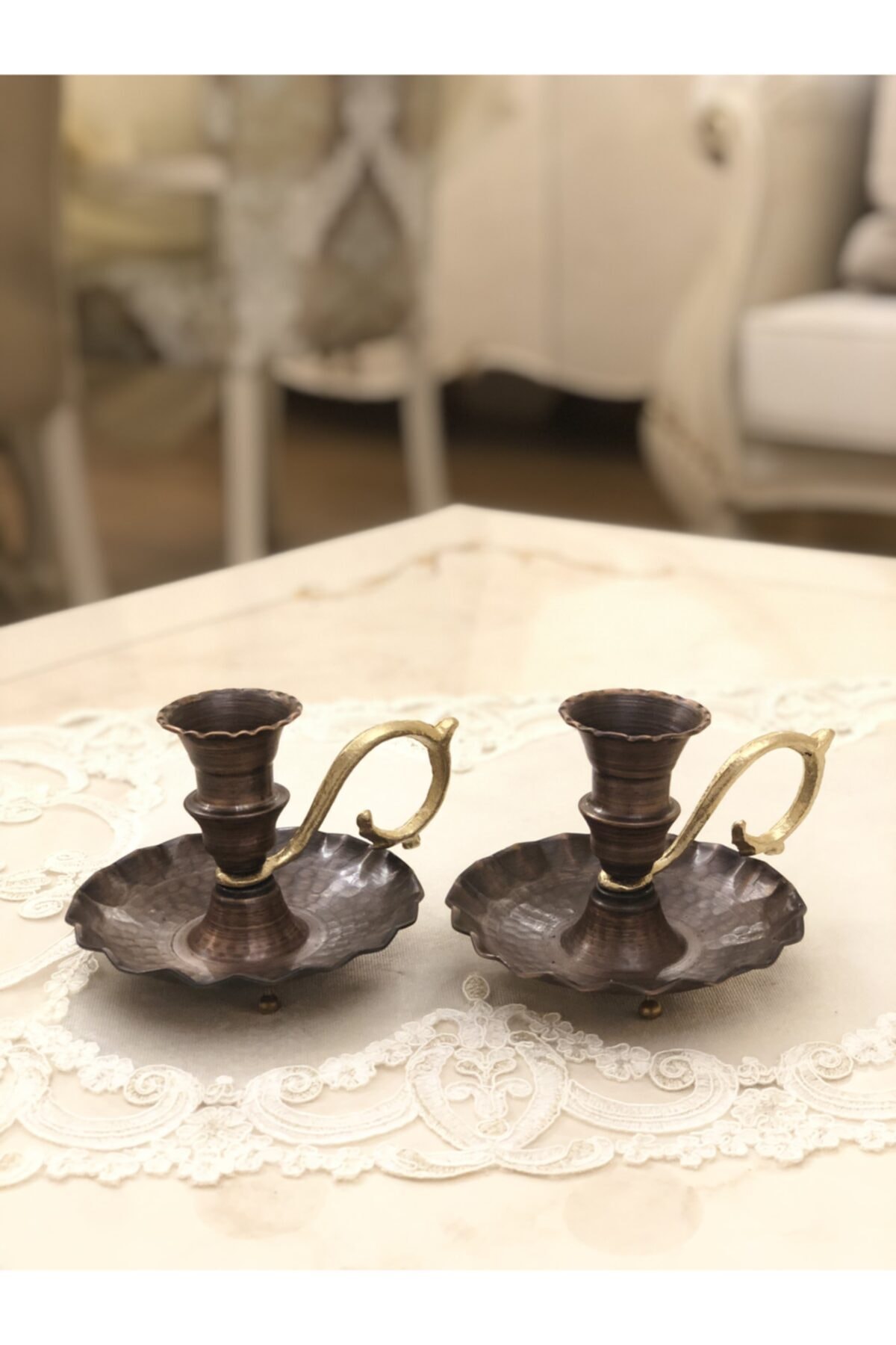 2 Adet Bakır Fırfırlı Şamdan